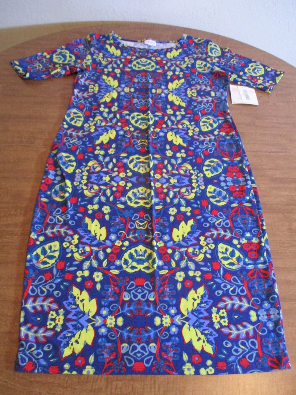 LULAROE JULIA RED BLUE YELLOW PULLOVER DRESS SIZE LARGE